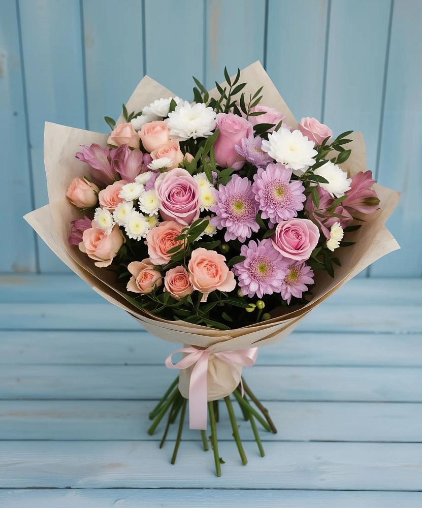 Букет цветов из: Хризантемы, Розы и Альстромерии в Новом Маяке