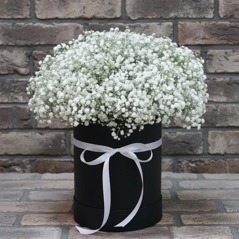 Цветочная композиция из Гипсофила в шляпной коробке в Новом Маяке