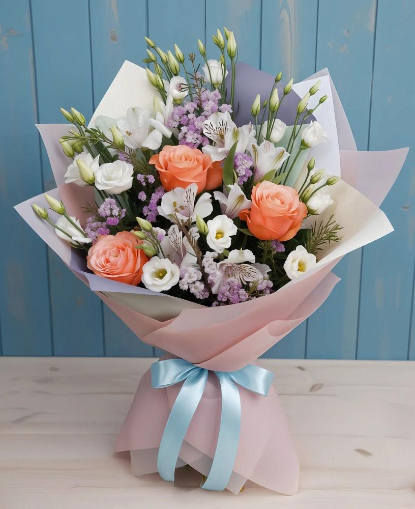 Букет цветов из: Лизиантусы, Розы, Альстромерии и Гипсофила в Новом Маяке