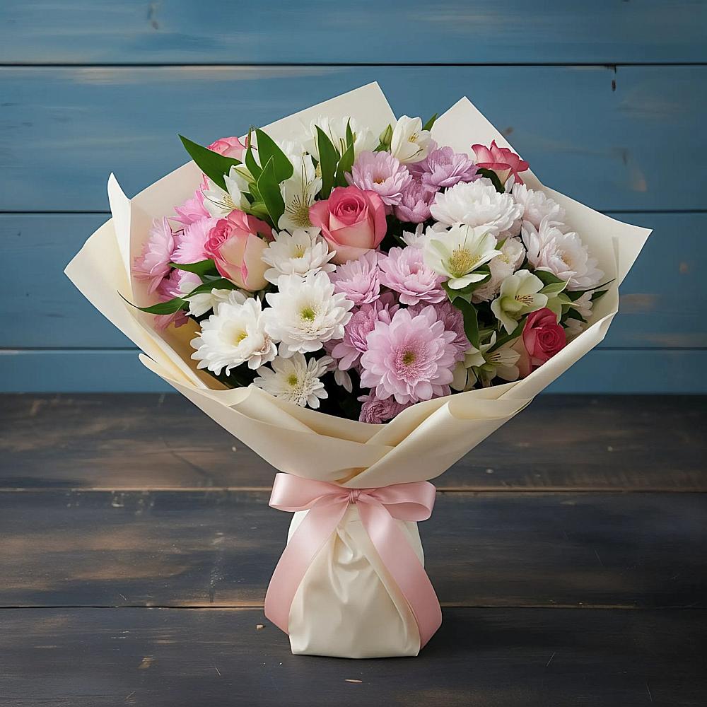 Букет цветов из: Хризантемы, Альстромерии и Розы в Новом Маяке